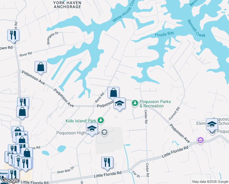 map of restaurants, bars, coffee shops, grocery stores, and more near 797 Poquoson Avenue in Poquoson