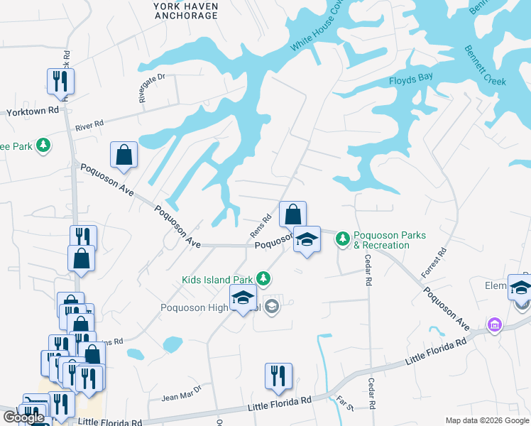 map of restaurants, bars, coffee shops, grocery stores, and more near 37 Rens Road in Poquoson