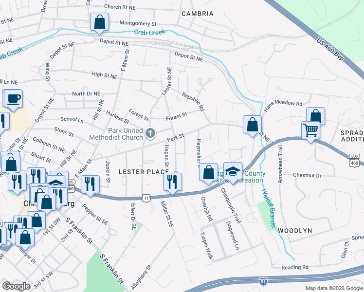 map of restaurants, bars, coffee shops, grocery stores, and more near 260 Economy Street in Christiansburg