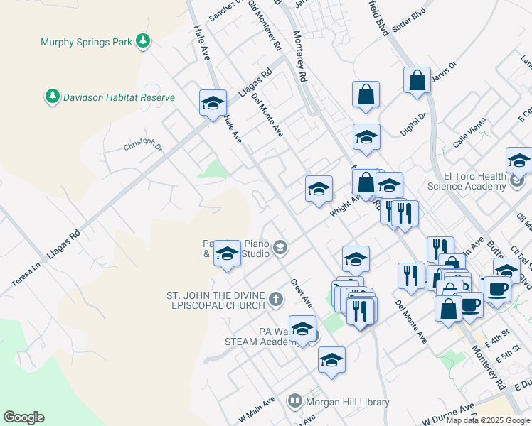 map of restaurants, bars, coffee shops, grocery stores, and more near 17992 Hillwood Lane in Morgan Hill