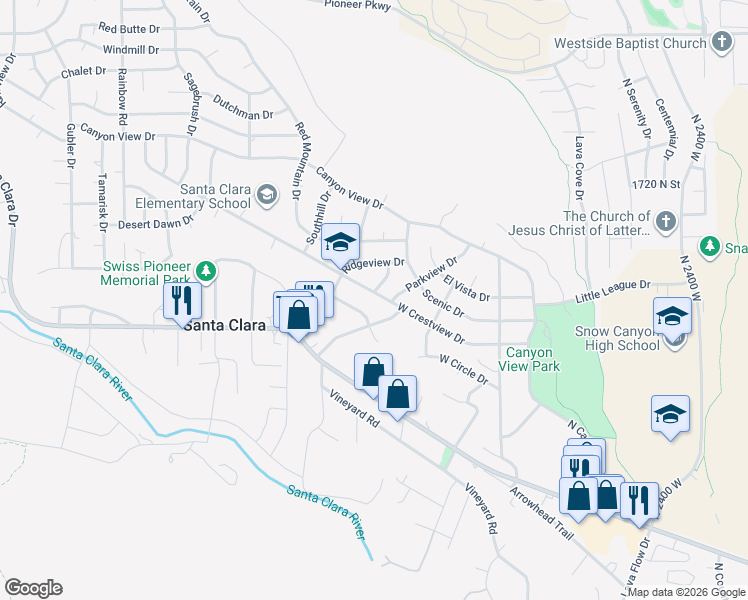 map of restaurants, bars, coffee shops, grocery stores, and more near 2719 Crestview Drive in Santa Clara