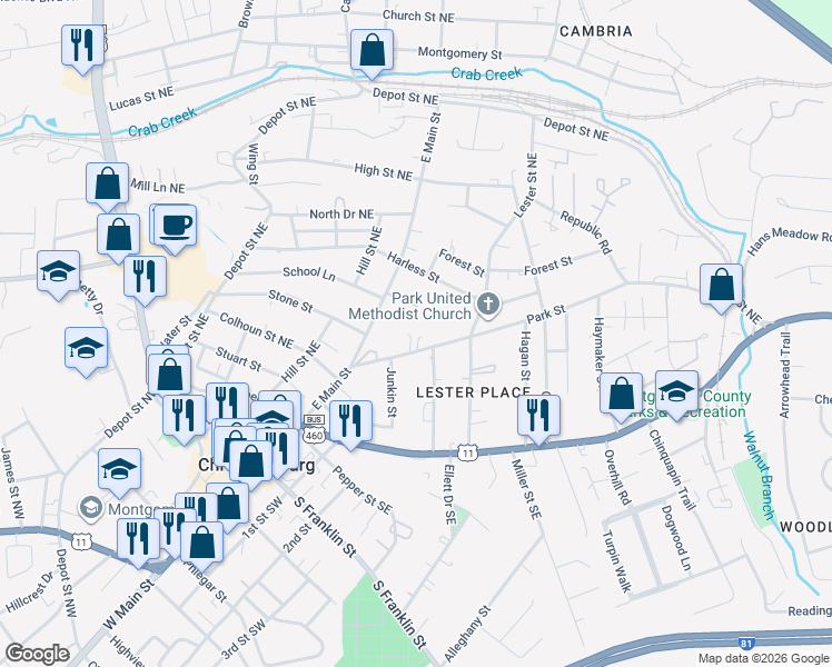 map of restaurants, bars, coffee shops, grocery stores, and more near 104 Park Street in Christiansburg