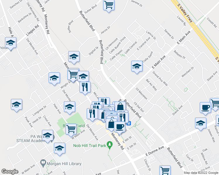 map of restaurants, bars, coffee shops, grocery stores, and more near 17680 Butterfield Boulevard in Morgan Hill