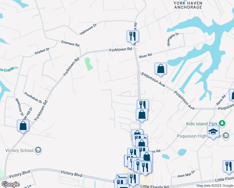 map of restaurants, bars, coffee shops, grocery stores, and more near 56 Wainwright Drive in Poquoson