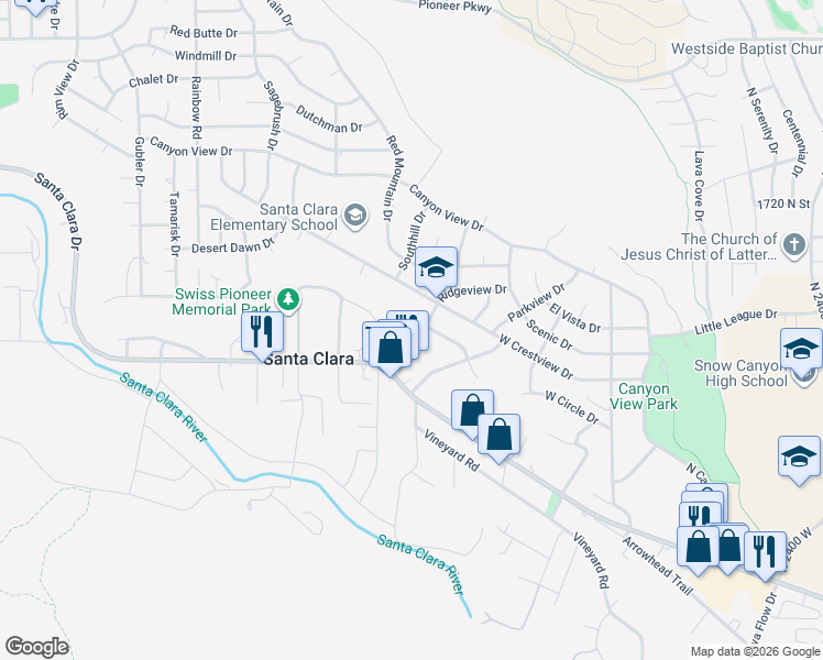 map of restaurants, bars, coffee shops, grocery stores, and more near 2827 Circle Drive in Santa Clara