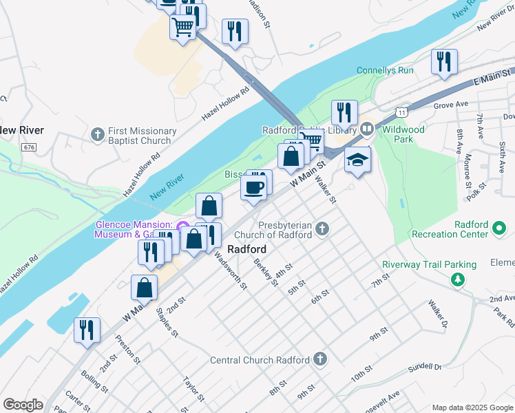 map of restaurants, bars, coffee shops, grocery stores, and more near 311 West Main Street in Radford