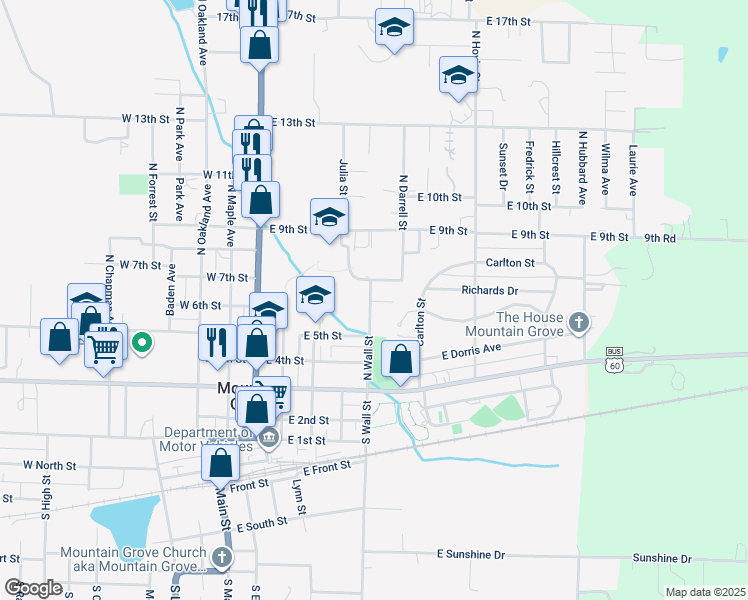 map of restaurants, bars, coffee shops, grocery stores, and more near Madeleine Court in Mountain Grove