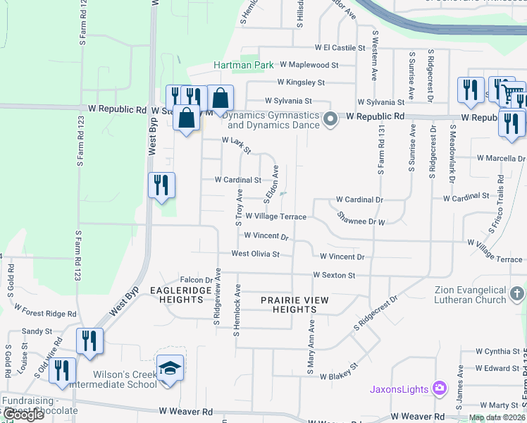 map of restaurants, bars, coffee shops, grocery stores, and more near 3831 West Village Terrace in Springfield