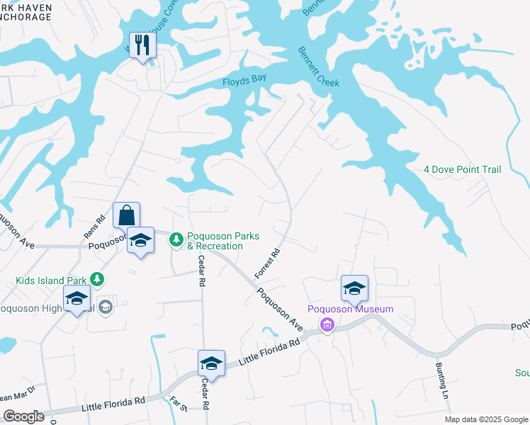 map of restaurants, bars, coffee shops, grocery stores, and more near 3 Quail Cove in Poquoson