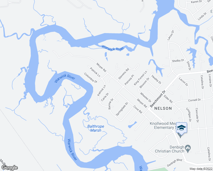 map of restaurants, bars, coffee shops, grocery stores, and more near 1122 Patrick Lane in Newport News