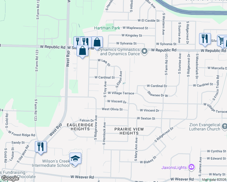 map of restaurants, bars, coffee shops, grocery stores, and more near 3831 West Village Terrace in Springfield