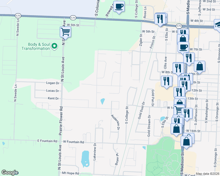 map of restaurants, bars, coffee shops, grocery stores, and more near 1604 Leighten Court in Webb City
