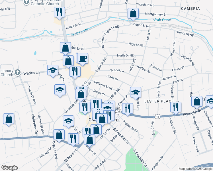 map of restaurants, bars, coffee shops, grocery stores, and more near 501-555 Colhoun Street Northeast in Christiansburg