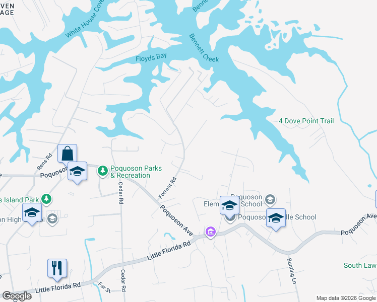 map of restaurants, bars, coffee shops, grocery stores, and more near 58 Forrest Road in Poquoson