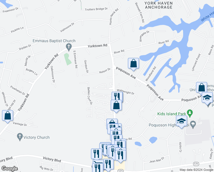 map of restaurants, bars, coffee shops, grocery stores, and more near 8 West Wainwright Drive in Poquoson