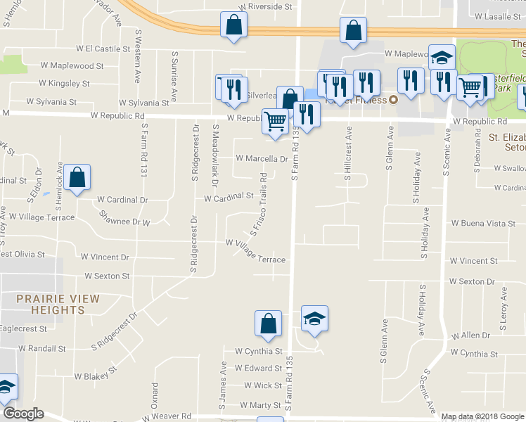 map of restaurants, bars, coffee shops, grocery stores, and more near 4435 South Frisco Trails Road in Springfield