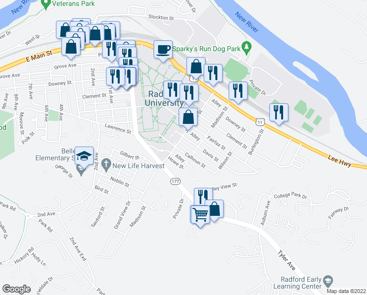 map of restaurants, bars, coffee shops, grocery stores, and more near 612 Calhoun Street in Radford