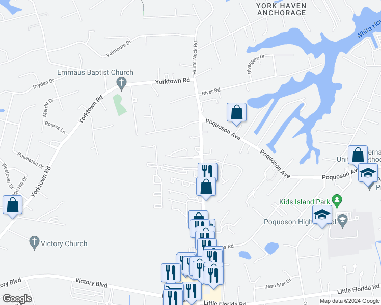 map of restaurants, bars, coffee shops, grocery stores, and more near 8 West Wainwright Drive in Poquoson