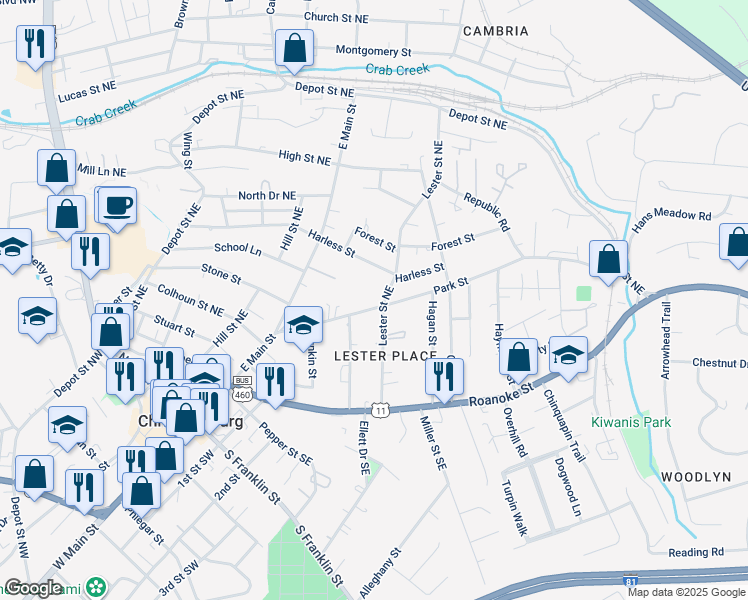 map of restaurants, bars, coffee shops, grocery stores, and more near 1422 Smithfield Drive in Blacksburg