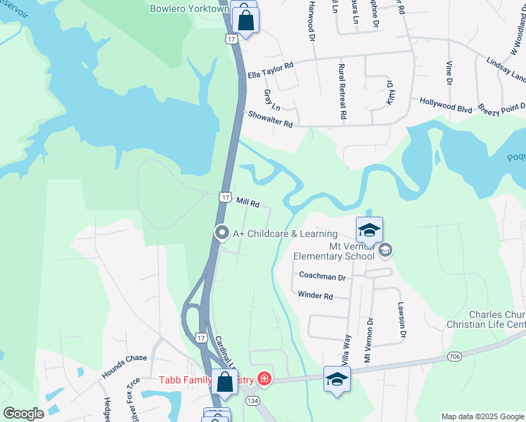 map of restaurants, bars, coffee shops, grocery stores, and more near 200 Mill Road in Yorktown