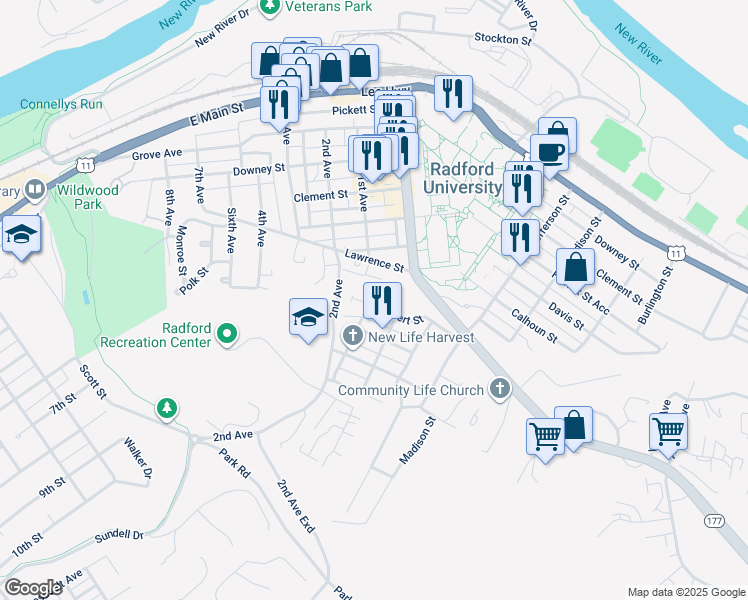 map of restaurants, bars, coffee shops, grocery stores, and more near 912 Gilbert Street in Radford