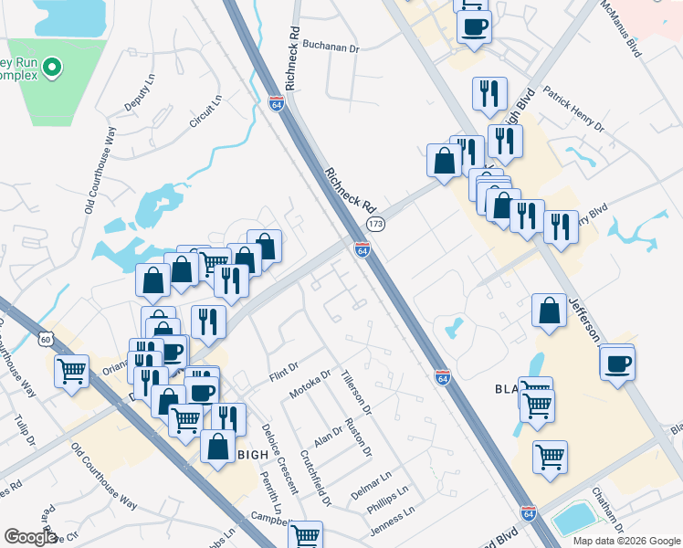 map of restaurants, bars, coffee shops, grocery stores, and more near 500 Catina Way in Newport News