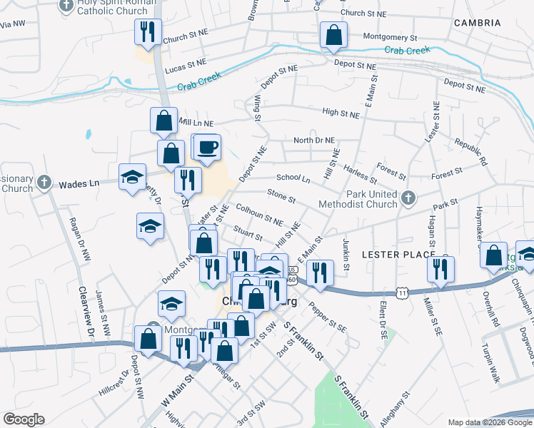 map of restaurants, bars, coffee shops, grocery stores, and more near 501-555 Colhoun Street Northeast in Christiansburg