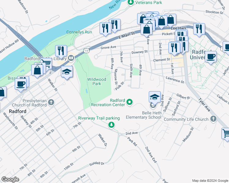 map of restaurants, bars, coffee shops, grocery stores, and more near 129 Polk Street in Radford