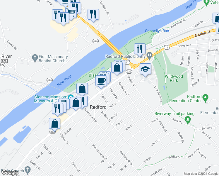 map of restaurants, bars, coffee shops, grocery stores, and more near 311 West Main Street in Radford