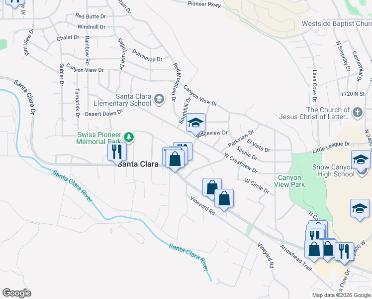 map of restaurants, bars, coffee shops, grocery stores, and more near 2827 Circle Drive in Santa Clara