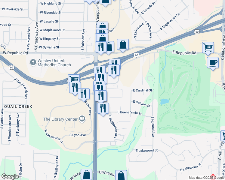 map of restaurants, bars, coffee shops, grocery stores, and more near 210 West Cardinal Drive in Springfield