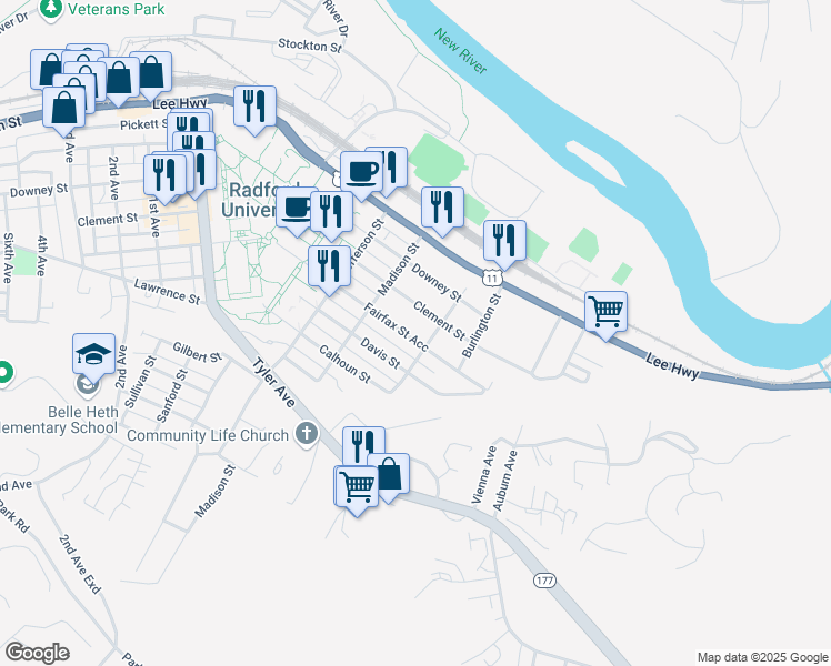 map of restaurants, bars, coffee shops, grocery stores, and more near 506 Fairfax Street in Radford