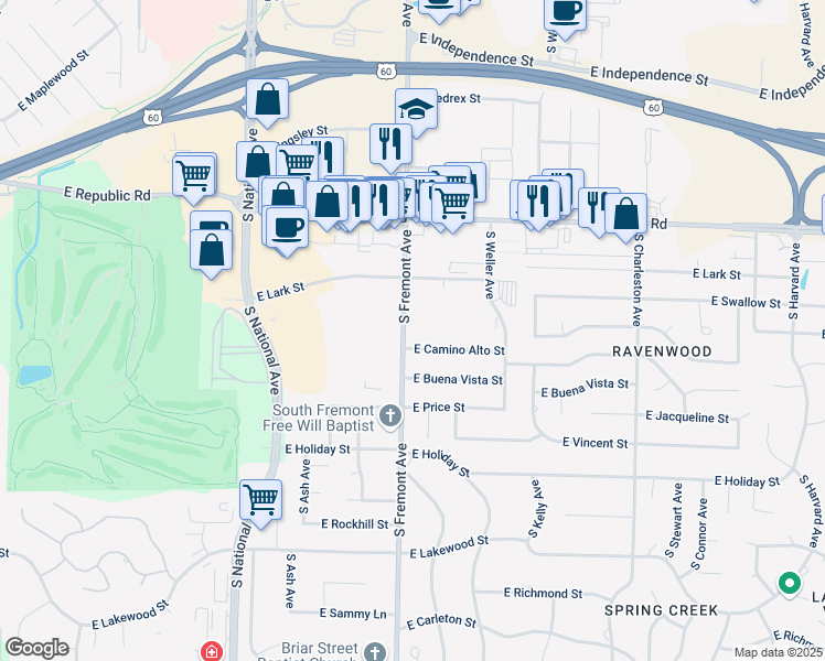 map of restaurants, bars, coffee shops, grocery stores, and more near 4414 South Fremont Avenue in Springfield