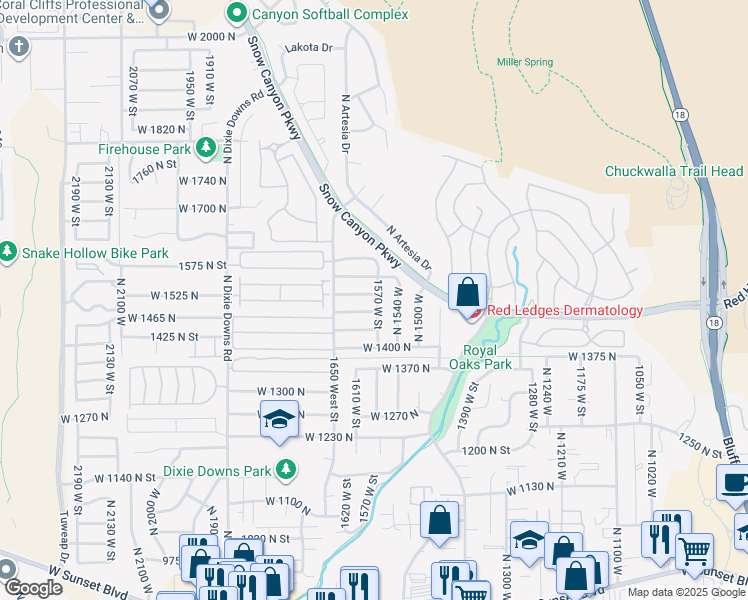 map of restaurants, bars, coffee shops, grocery stores, and more near 1575 West 1510 North in St. George