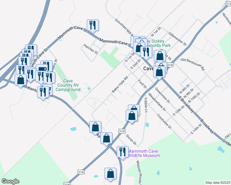 map of restaurants, bars, coffee shops, grocery stores, and more near 363 Baker Hale Road in Cave City