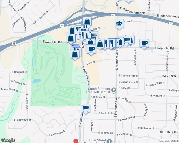 map of restaurants, bars, coffee shops, grocery stores, and more near 4440 S National Ave in Springfield