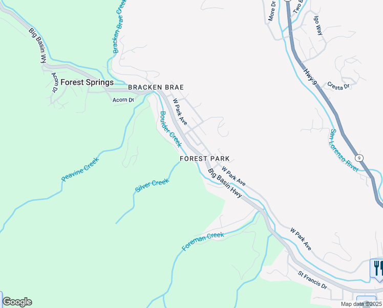 map of restaurants, bars, coffee shops, grocery stores, and more near 14525 Big Basin Way in Boulder Creek