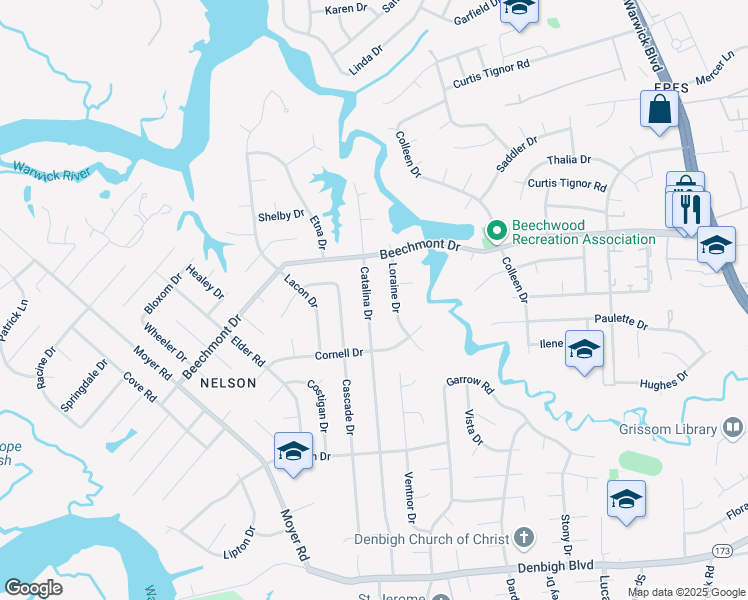 map of restaurants, bars, coffee shops, grocery stores, and more near 886 Catalina Drive in Newport News