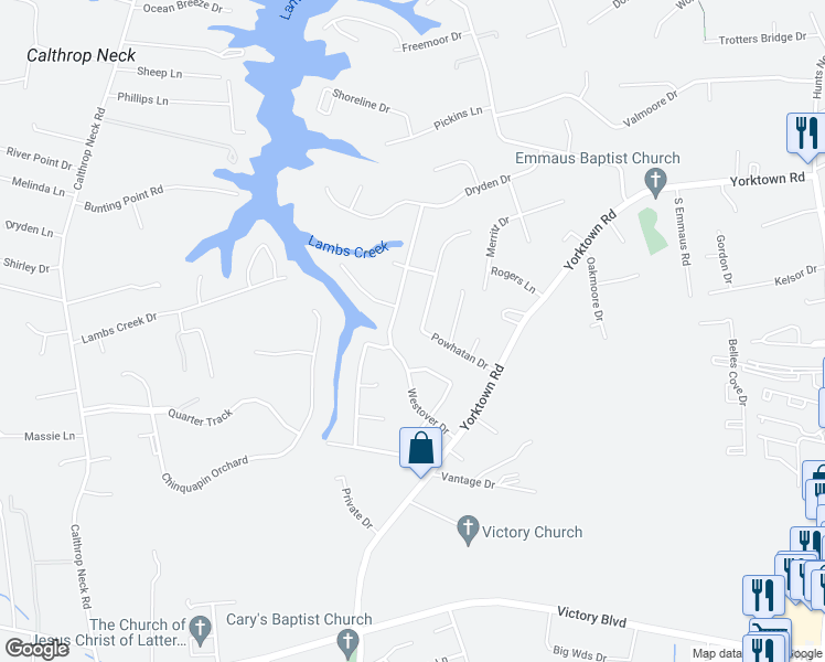 map of restaurants, bars, coffee shops, grocery stores, and more near 301 Powhatan Drive in Poquoson