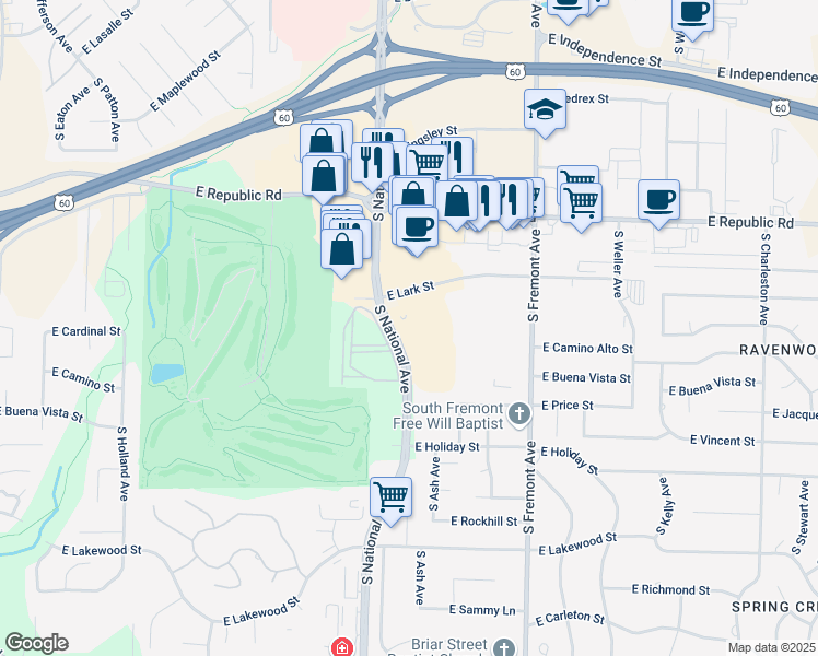 map of restaurants, bars, coffee shops, grocery stores, and more near 4440 South National Avenue in Springfield