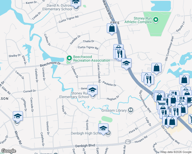 map of restaurants, bars, coffee shops, grocery stores, and more near 338 De Laura Drive in Newport News
