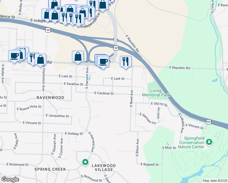 map of restaurants, bars, coffee shops, grocery stores, and more near 4353-4399 South Luster Avenue in Springfield