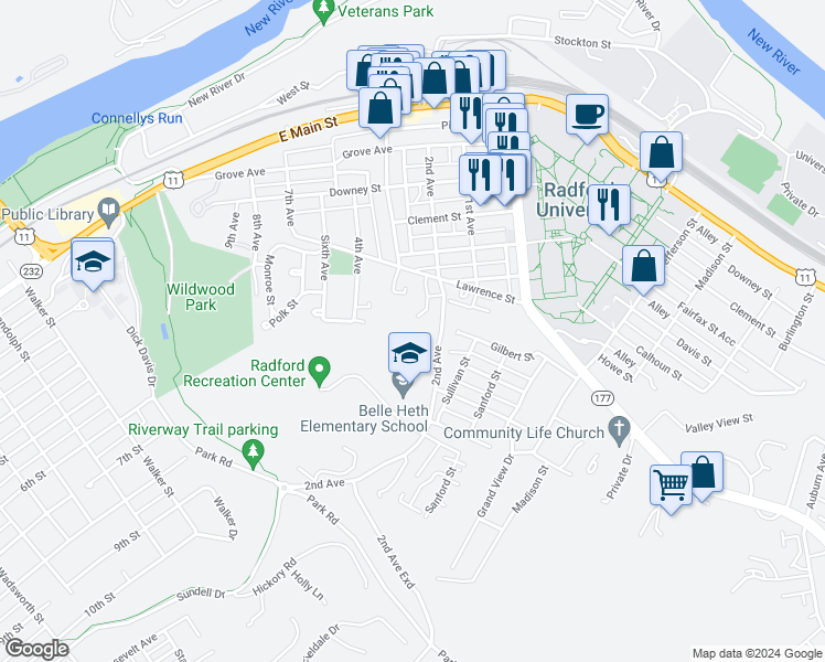 map of restaurants, bars, coffee shops, grocery stores, and more near 1207 Lawrence Street in Radford