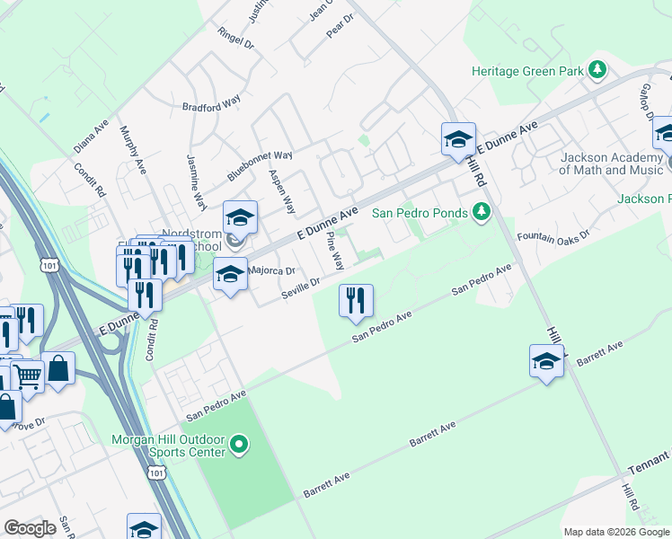 map of restaurants, bars, coffee shops, grocery stores, and more near 16905 Pine Way in Morgan Hill