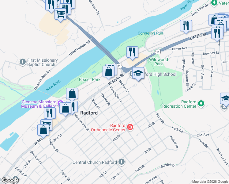 map of restaurants, bars, coffee shops, grocery stores, and more near 201 Randolph Street in Radford
