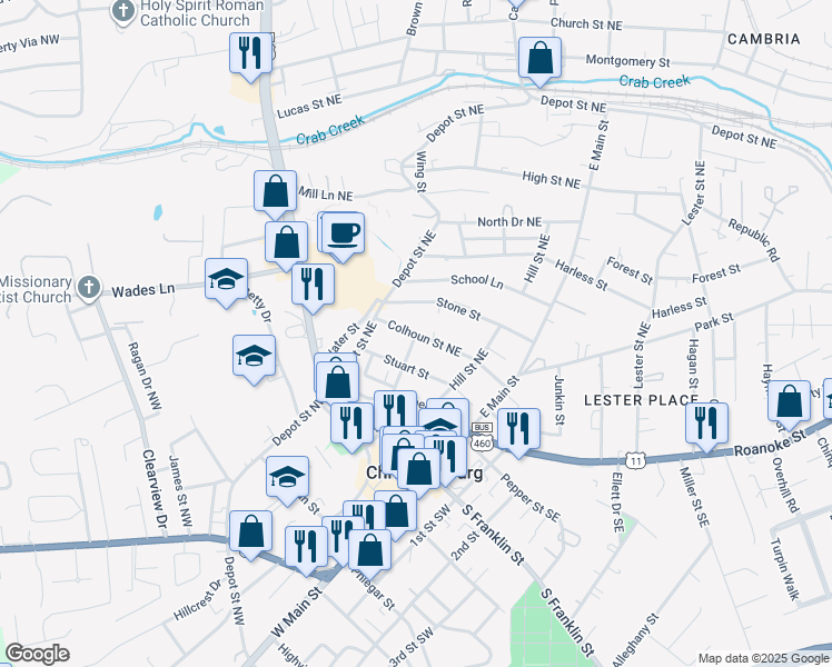 map of restaurants, bars, coffee shops, grocery stores, and more near 501 Colhoun Street Northeast in Christiansburg
