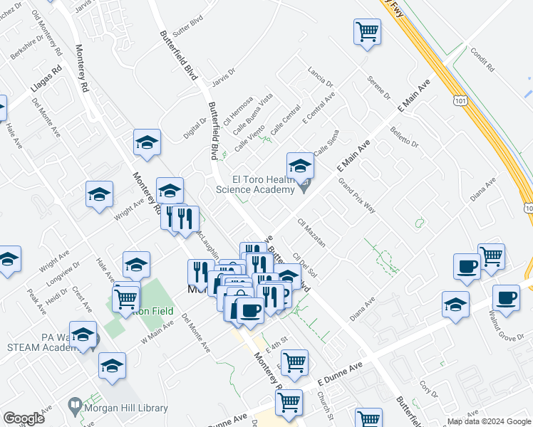 map of restaurants, bars, coffee shops, grocery stores, and more near 373 Calle Cerro in Morgan Hill