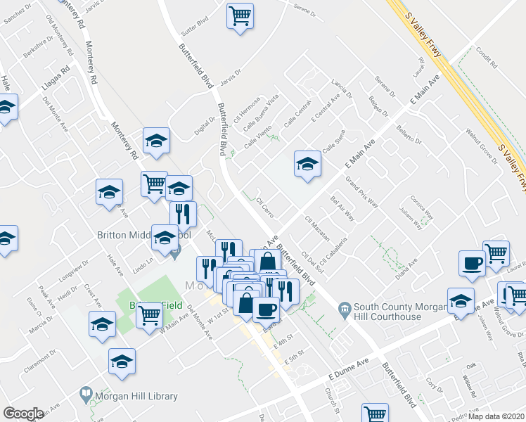 map of restaurants, bars, coffee shops, grocery stores, and more near 373 Calle Cerro in Morgan Hill
