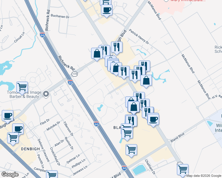 map of restaurants, bars, coffee shops, grocery stores, and more near 574 Turnberry Boulevard in Newport News