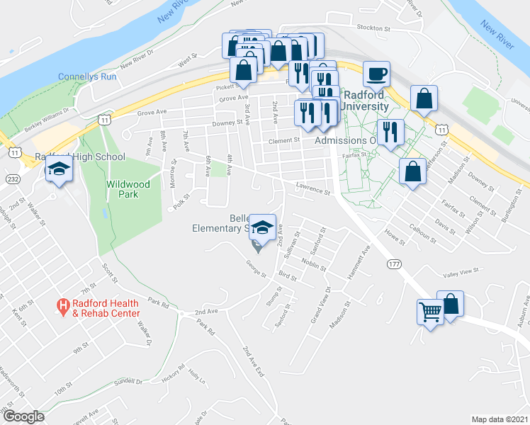 map of restaurants, bars, coffee shops, grocery stores, and more near 1207 Lawrence Street in Radford